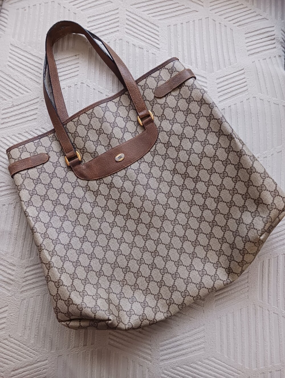 Gucci Beige GG Coated Canvas Vintage Tote with Brown Leather Trim